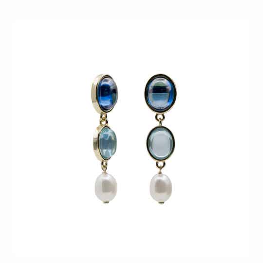 Zilver vergulde oorbellen, blauw met parel