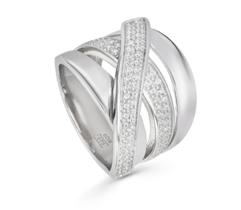 Glanzend zilveren ring met gekruist ontwerp met zirconia's