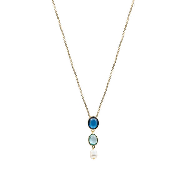 Zilver vergulde ketting, blauw met parel