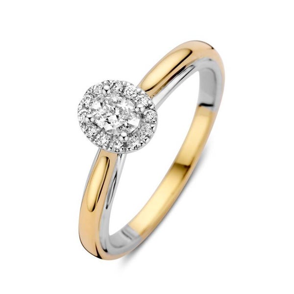 Bi-color gouden ring met entourage zetting diamant ovaal