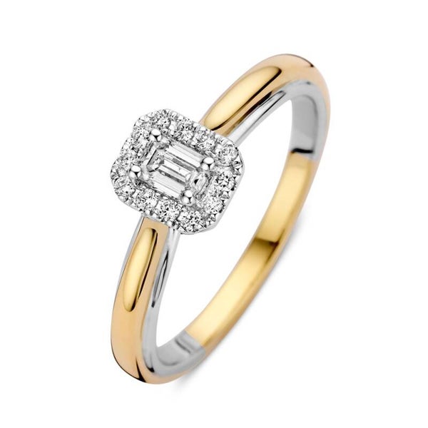 Bi-color gouden ring met entourage zetting diamant emerald
