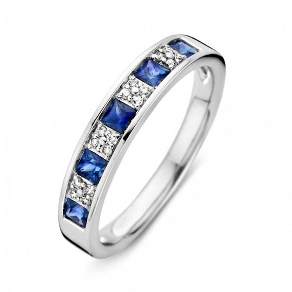 Witgouden ring met diamant 0,08ct + saffier