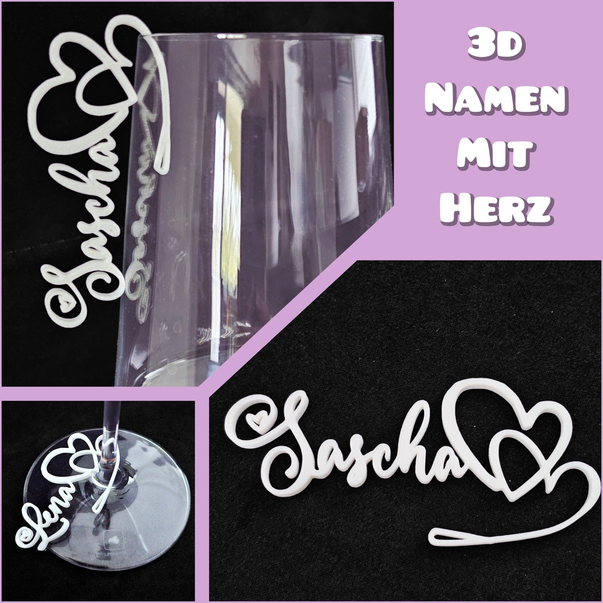 3D Namensschild mit Herz personalisierte Glasanhänger Gastgeschenk Markierer