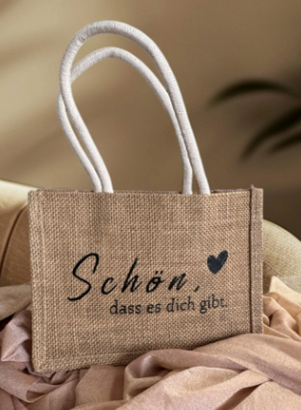 Jutebeutel mit Spruch | Jutetasche "Schön, dass es dich gibt" | Geschenk für Freundin | Nachhaltige Einkaufstasche 22 x 16 x 10 cm