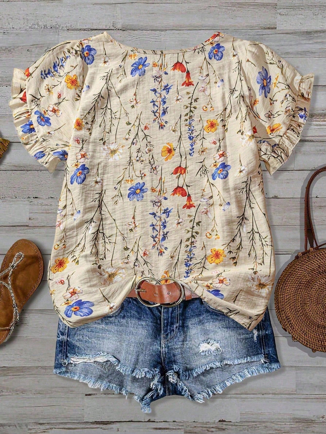 Linhara Plus Size Women Summer New Arrival Colorful Print Casual Commute Vacation Style Frill Trim Short Sleeve
