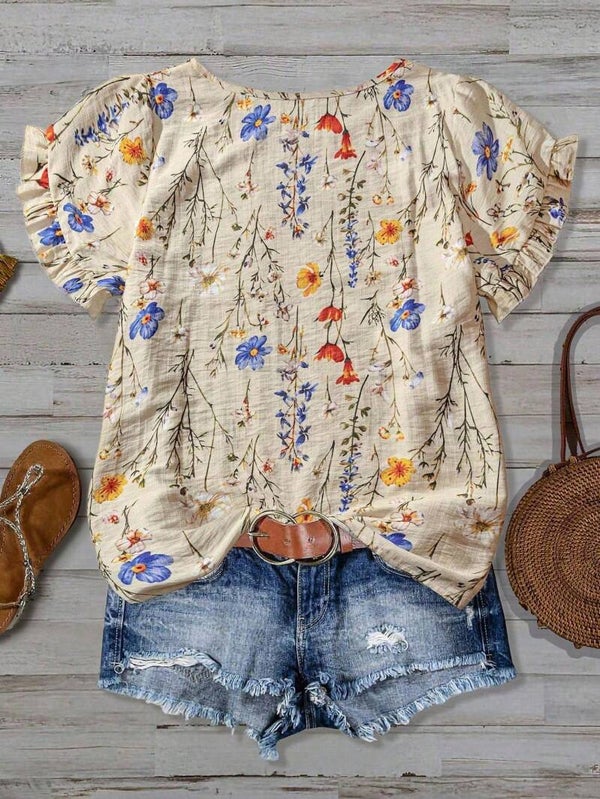 Linhara Plus Size Women Summer New Arrival Colorful Print Casual Commute Vacation Style Frill Trim Short Sleeve