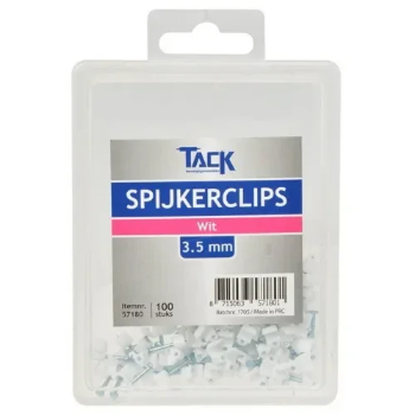 Tack spijkerclip tbv snoer wit, 100 stuks