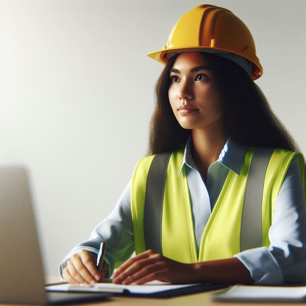 Professional Image of a women in a hart hat sitting at a desk