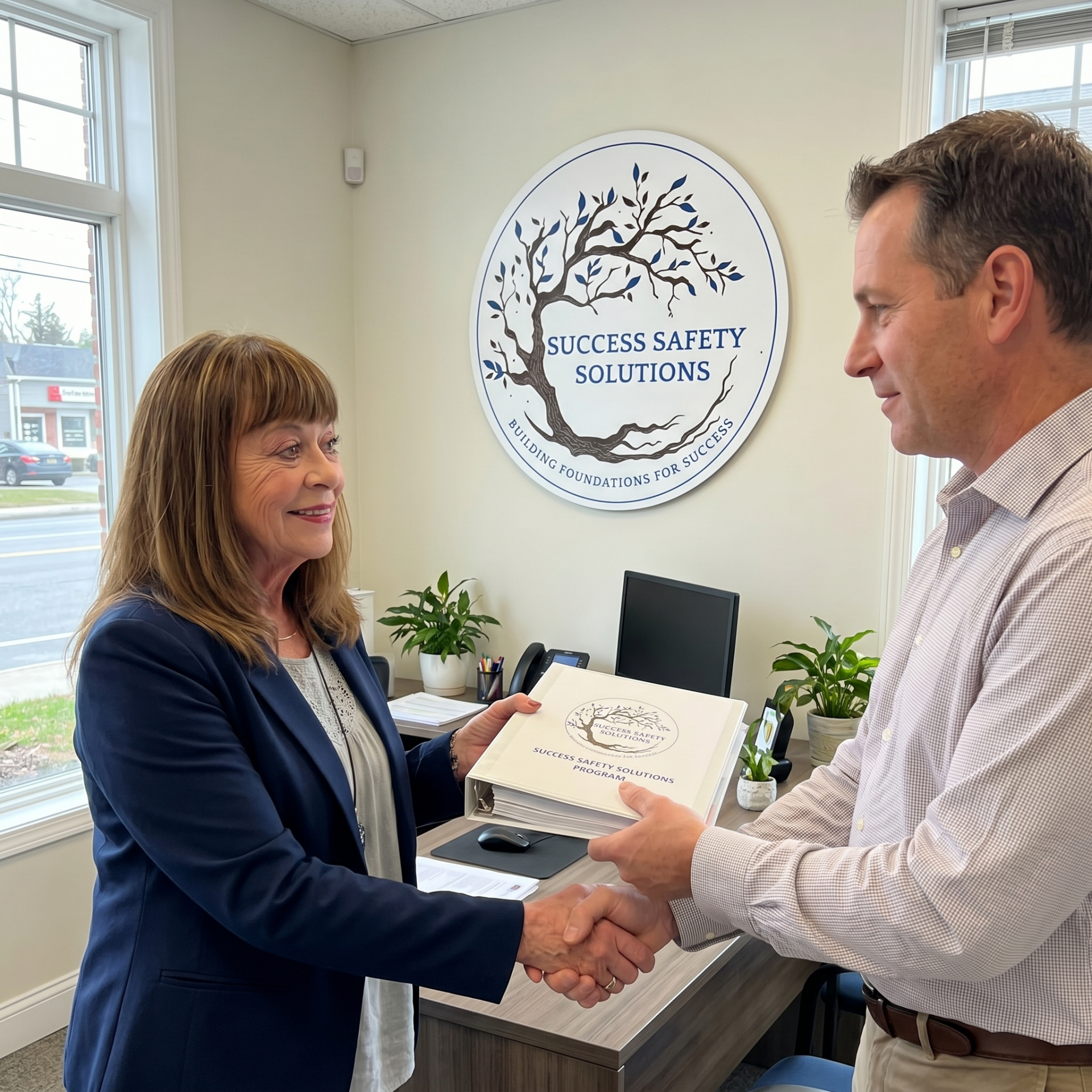 Safety Services Alberta | Image of a women giving over a binder to man and shaking hands
