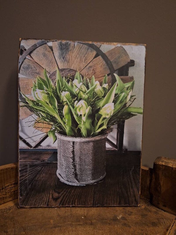 Houten decobord Potje met bloemen