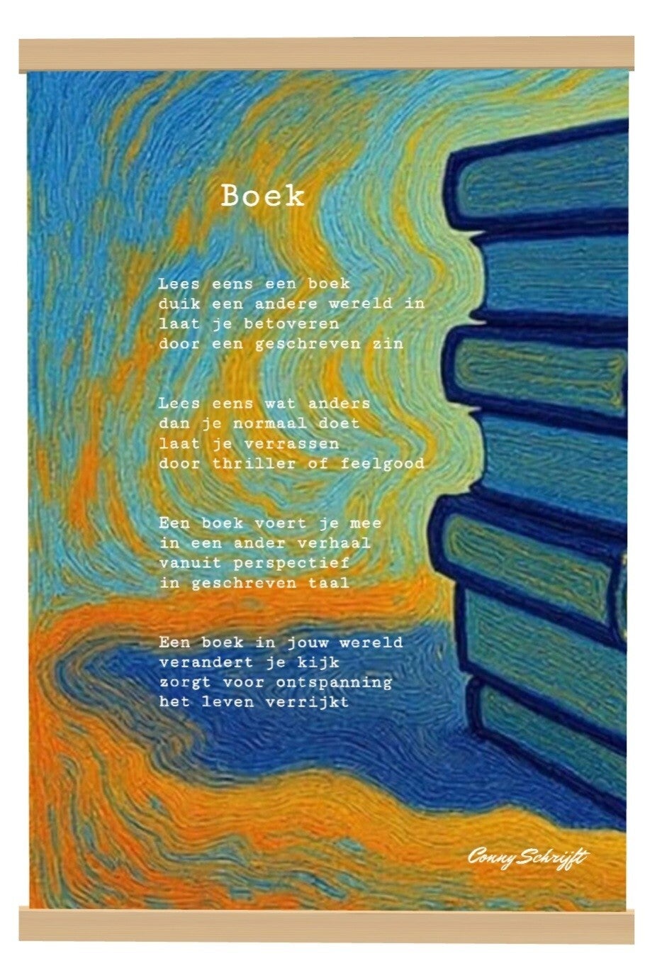 Gedicht op textielposter Boek