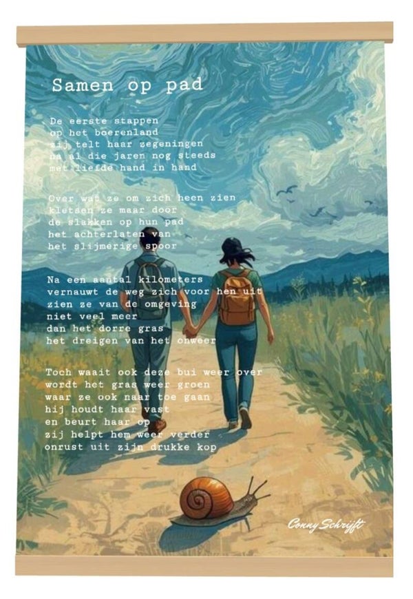 Gedicht op textielposter Samen op pad