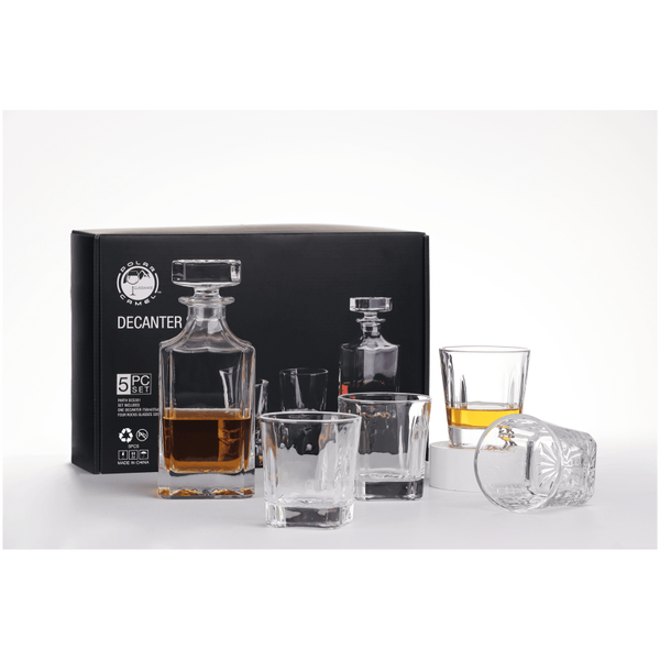 Polar Camel 750mL Square Glass Decanter Set with Four 11 oz. Rocks Glasses in Black Gift Box