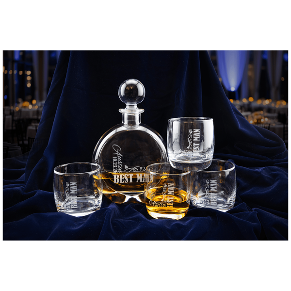 750ml Flat Round Glass Decanter Set with Four DG302S 10 oz. Rocks Glasses in Black Gift Box