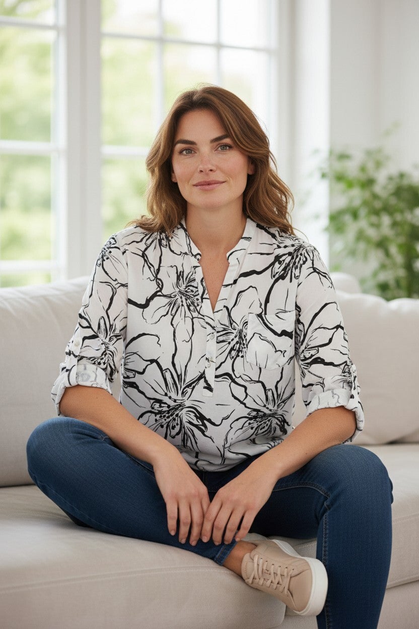 Blouse met bloemenmotief en driekwartsmouwen Marine 1 maat