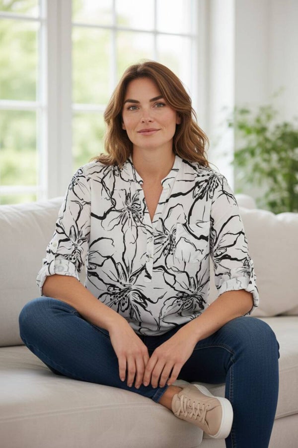 Blouse met bloemenmotief en driekwartsmouwen Marine 1 maat