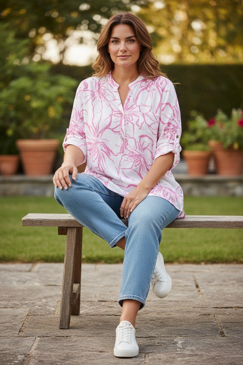 Blouse met bloemenmotief en driekwartsmouwen Roze 1 maat
