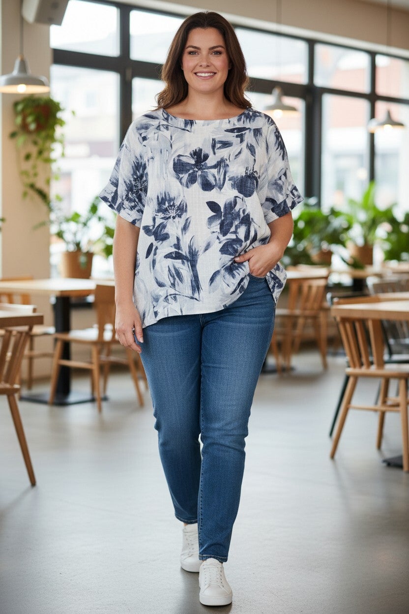 Katoenen blouson met bloemenmotief, twee zakken blauw 1 maat