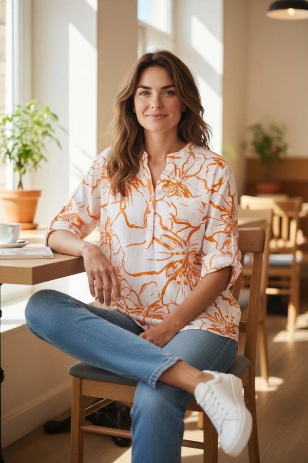 Blouse met bloemenmotief en driekwartsmouwen Orange 1 maat