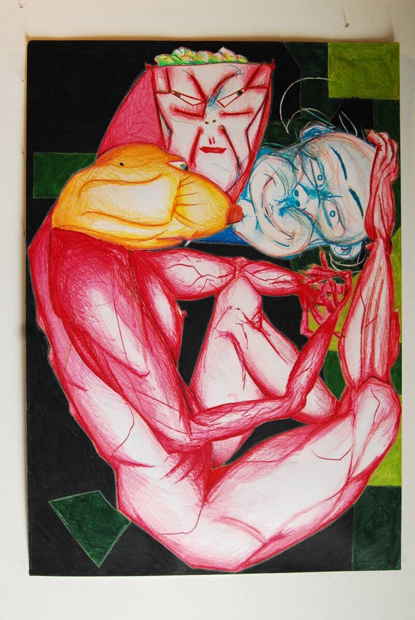 Original "Dreikopf #3", Farbstift auf Bristol Karton im DIN A0 Format, Mischa Müller, 2007, Zuerich