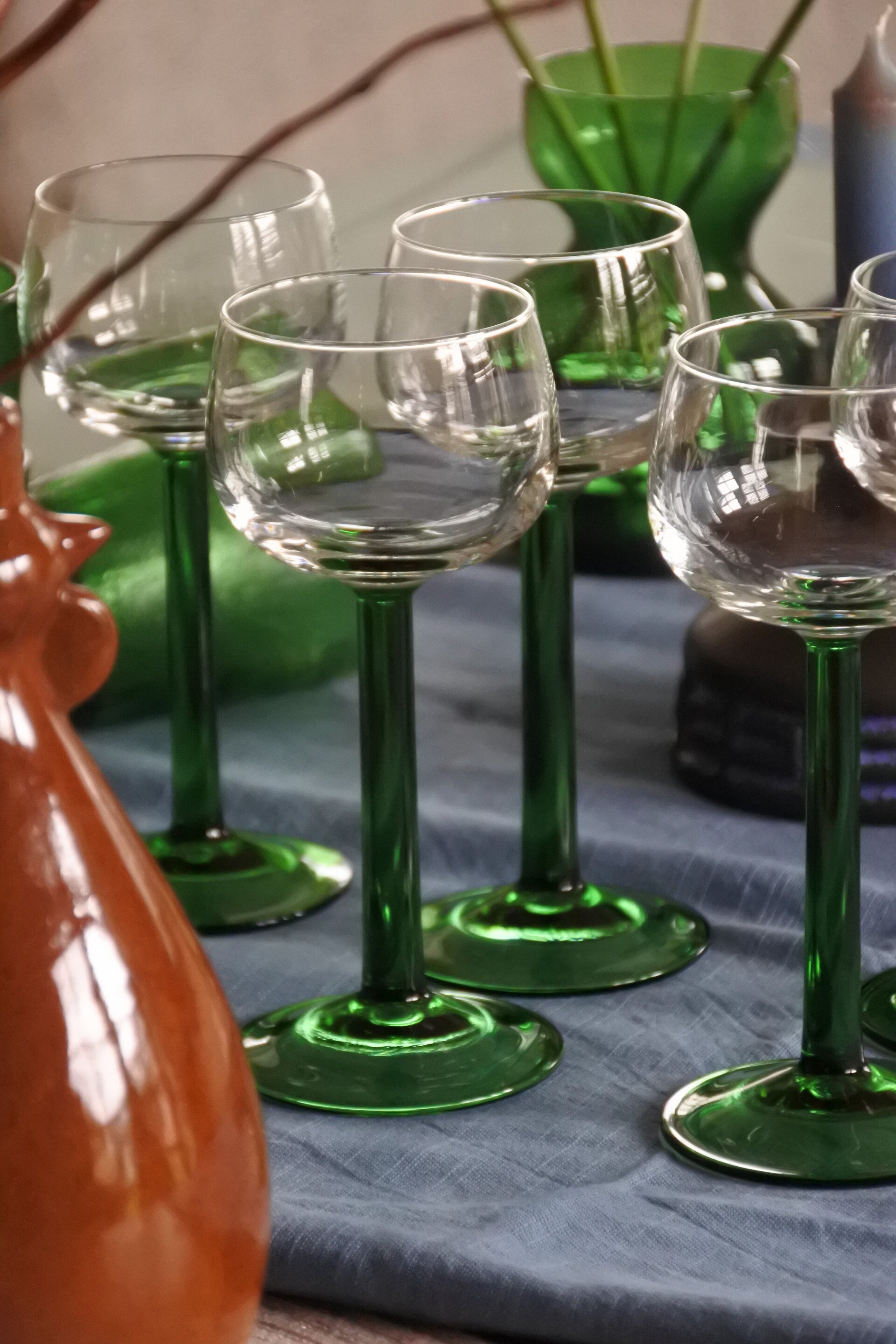 Vintage 6-delige set wijn glaasjes met groen voetje