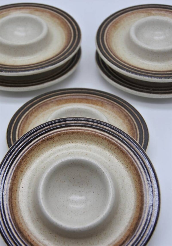 Vintage eierdopjes set van 6 steengrijs/beige met bruine sierranden