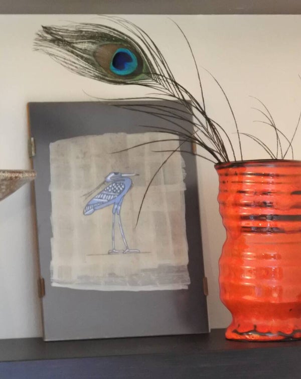 Vintage schilderijtje kraanvogeltje op rijstpapier