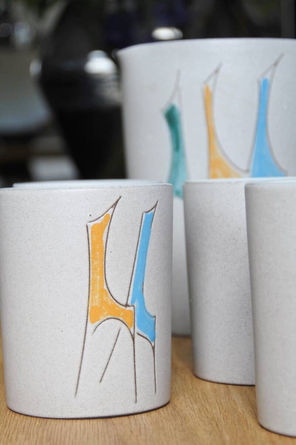 Vintage 50's pottery design karaf met 5 bekers