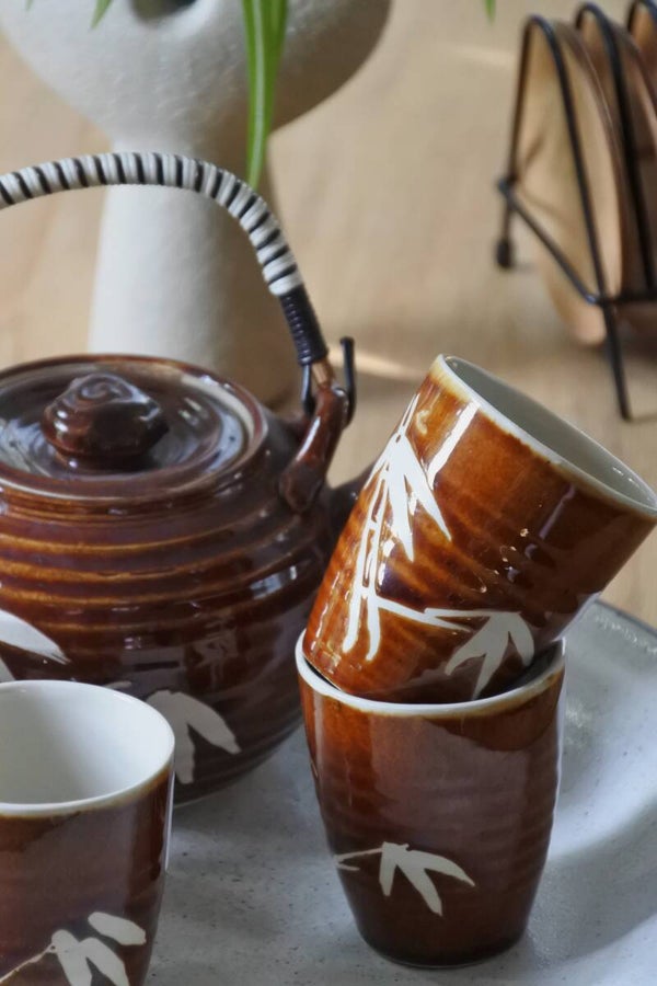 Vintage 7-delige theepot & mokjes set van prachtig keramiek