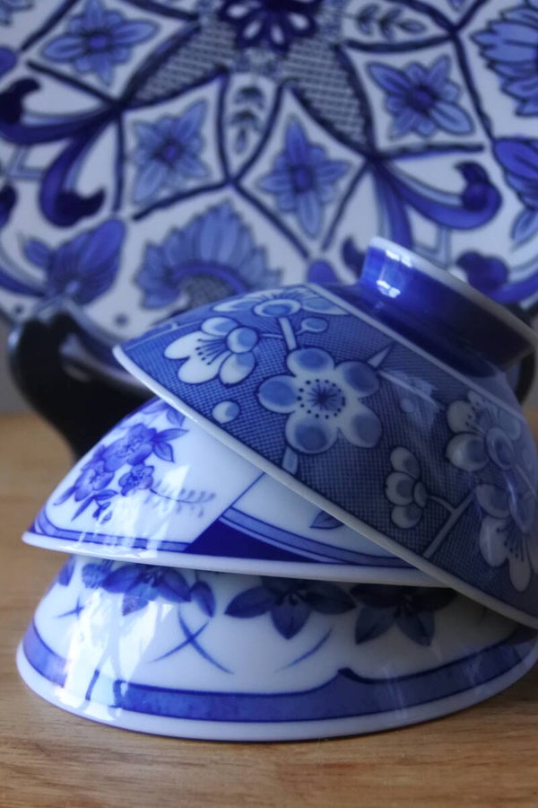 Vintage 3- delig chinese schaaltjes rijstkommetjes set 2x wit, 1x blauw