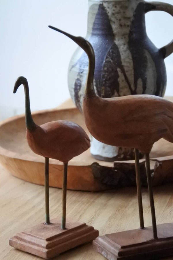 Antieke art deco gestileerde set kraanvogels van messing en hout