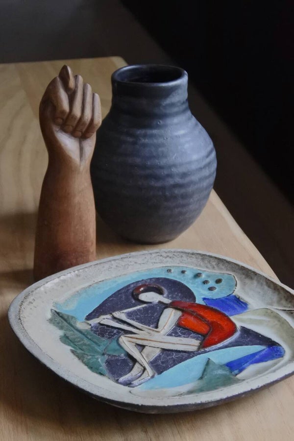 Vintage studio pottery vaas blauw aardewerk