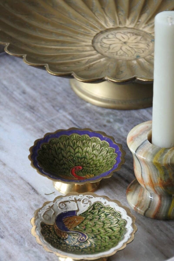 Vintage emaille schaaltjes met prachtige pauwen tekening