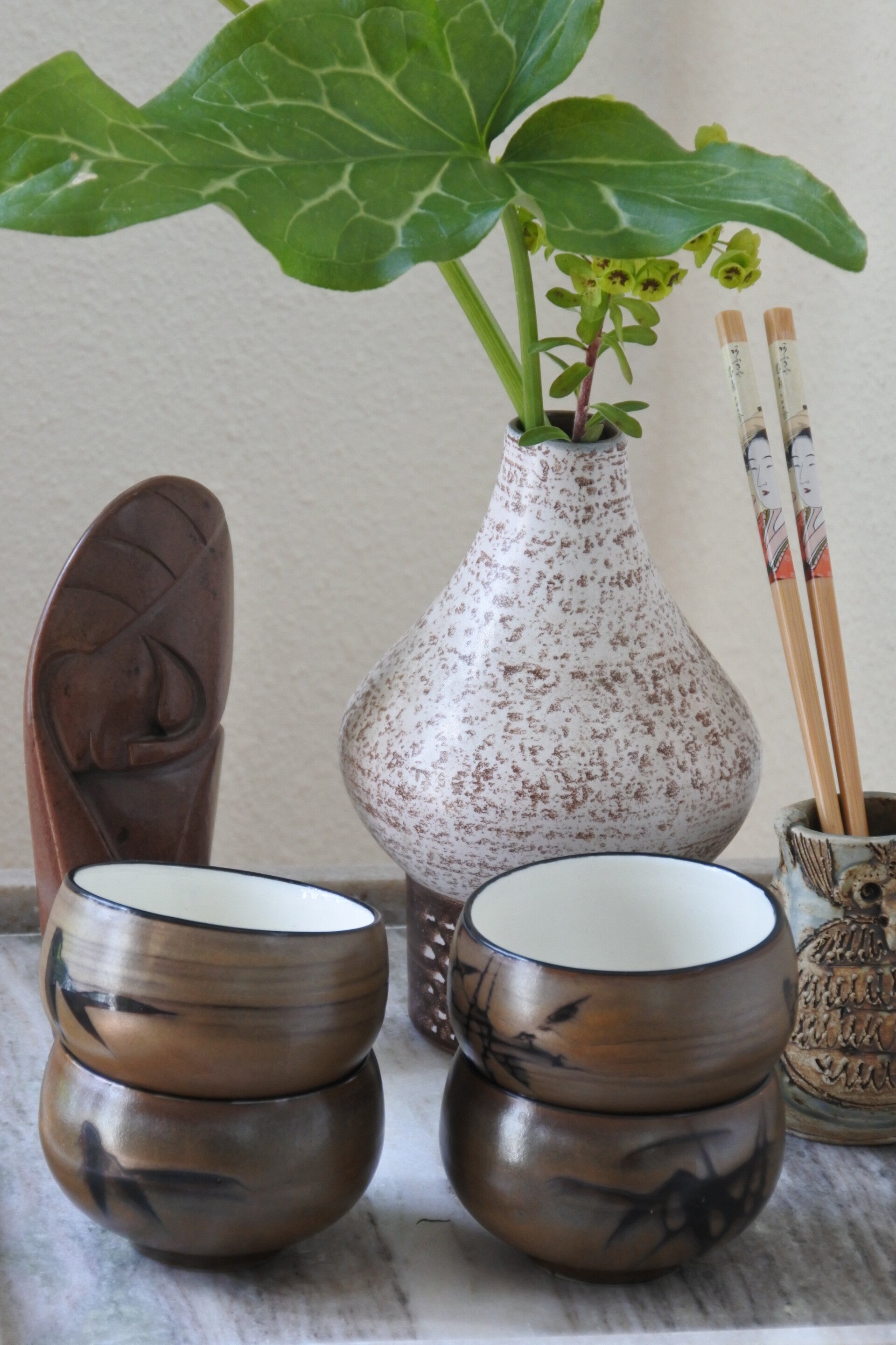 Vintage 4- delige set Aziatische theekopjes - serveerschaaltjes