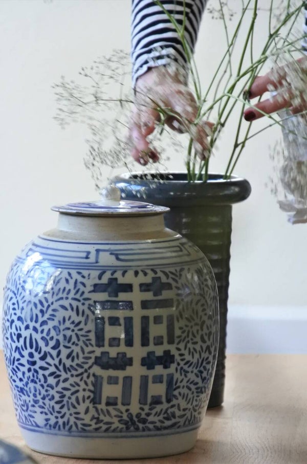 Vintage Chinese gemberpot met deksel en prachtige blauwe opdruk