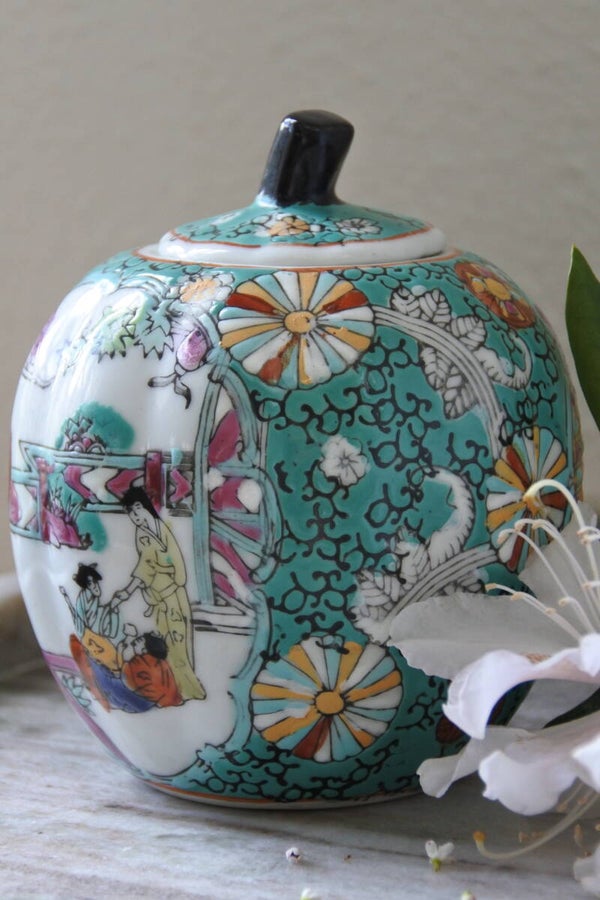 Vintage hand beschilderde Chinese gemberpot in prachtig turquoise