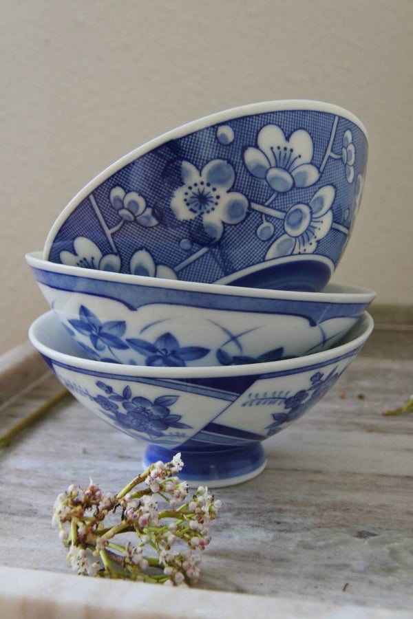 Vintage 3- delig chinese schaaltjes - rijstkommetjes set 2x wit, 1x blauw decor