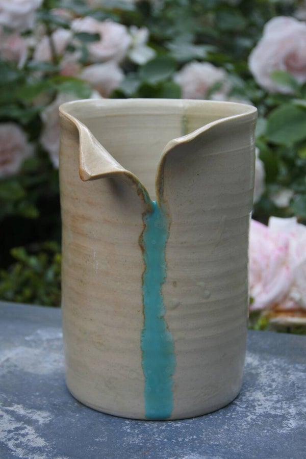 Vintage vaas met funky turquoise streep