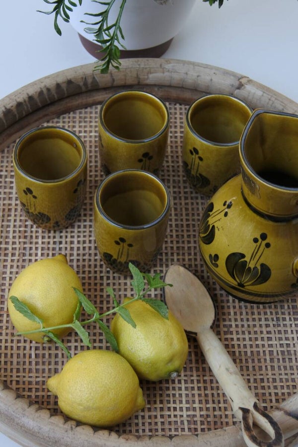 Vintage Gollico Fayence karaf met 4 bekers