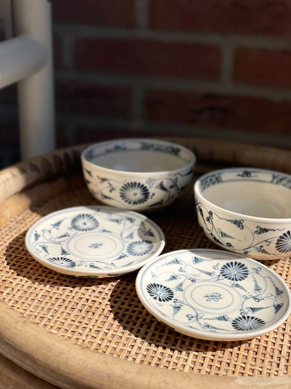 Vintage 4- delig Bát chiết yêu schaaltjes - rijstkommetjes set 2x wit, 1x blauw decor