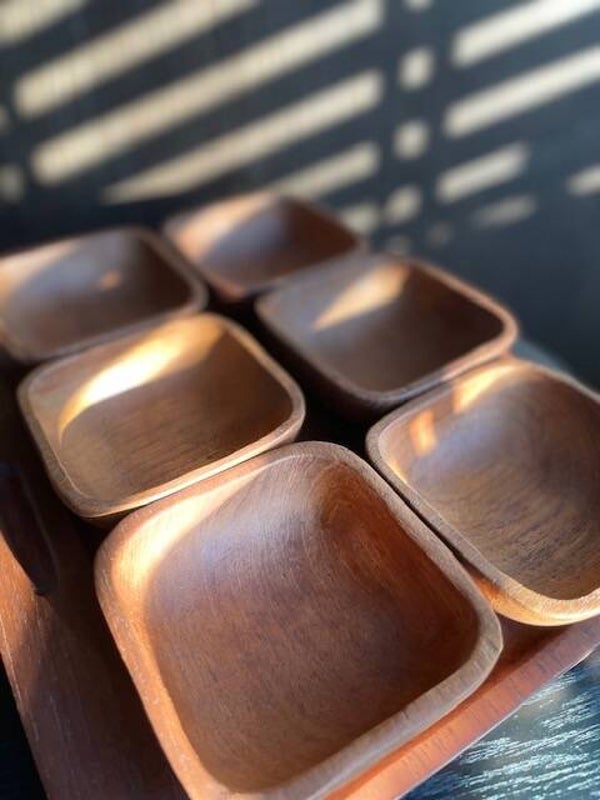 Vintage snackset 7-delig van teakhout