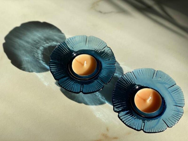 Vintage waxinelichthouder setje van Scandinavisch blauw glaswerk