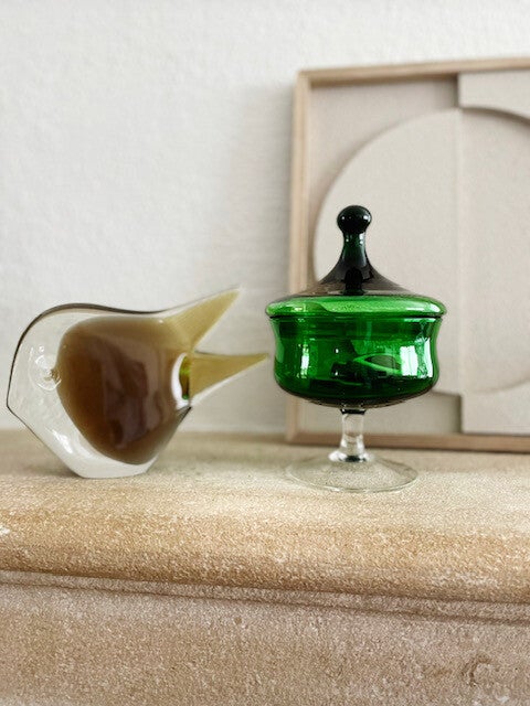 Vintage Murano Empoli bonbonnière van groen geblazen glas