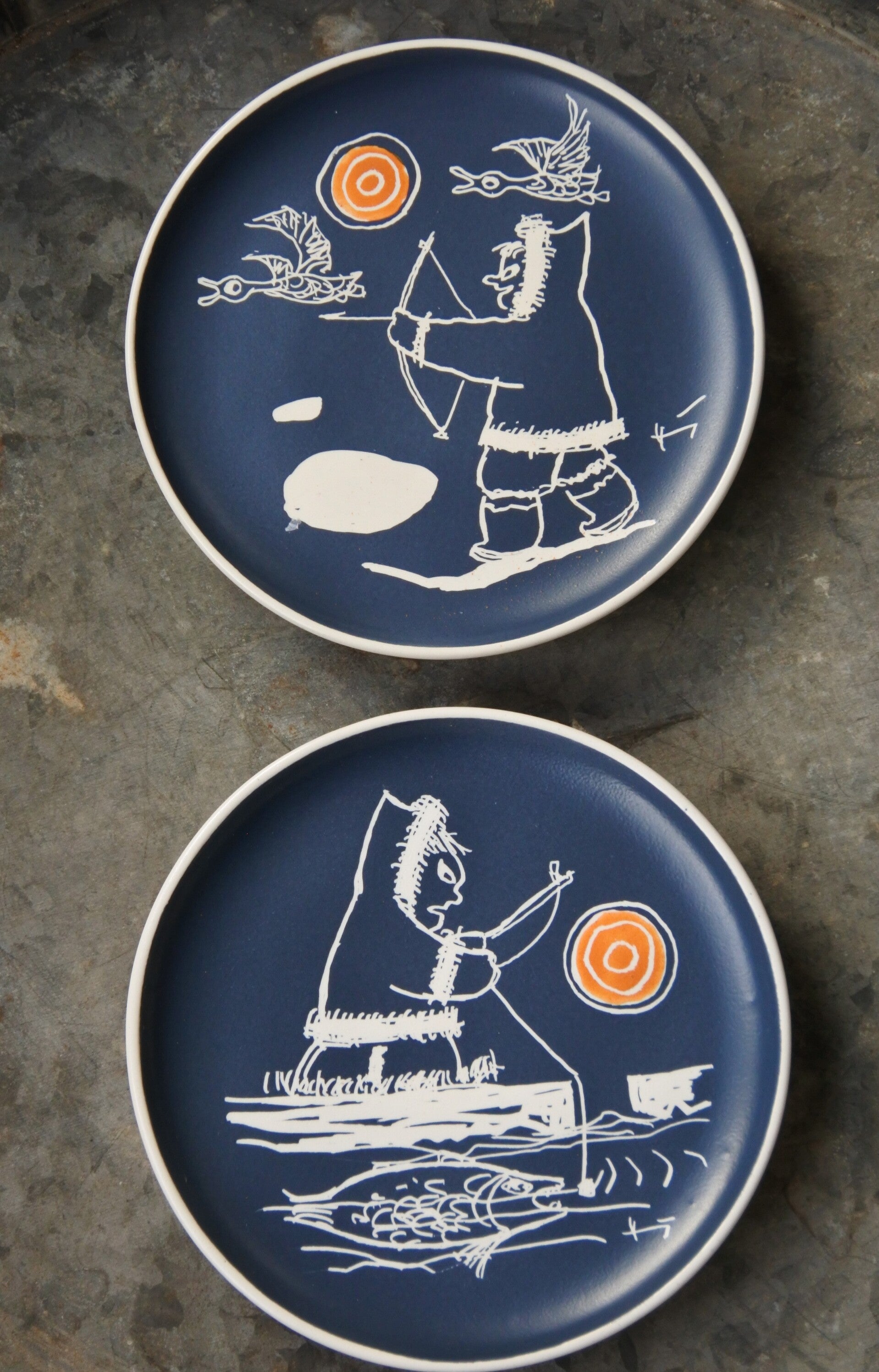 Vintage handgemaakte Inuit wanddecoratie bordjes Eklu