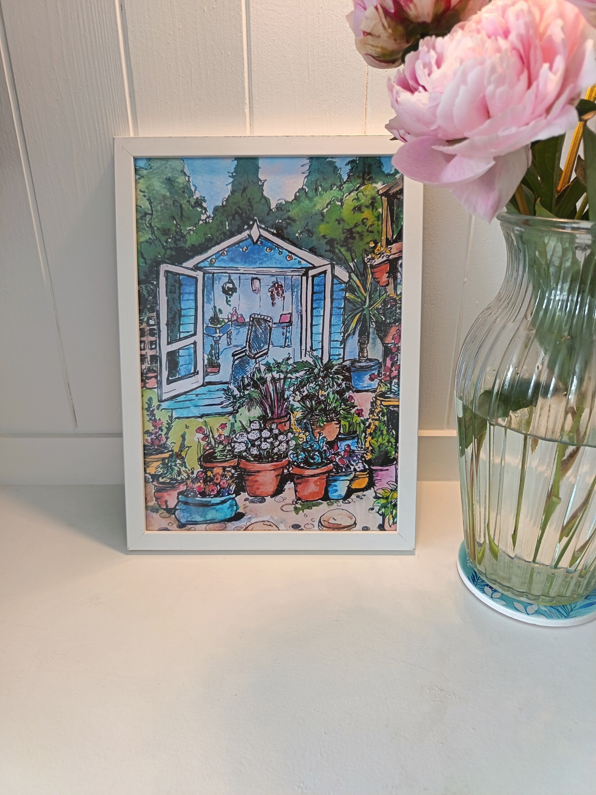 'Happy Place' original watercolour and ink with frame