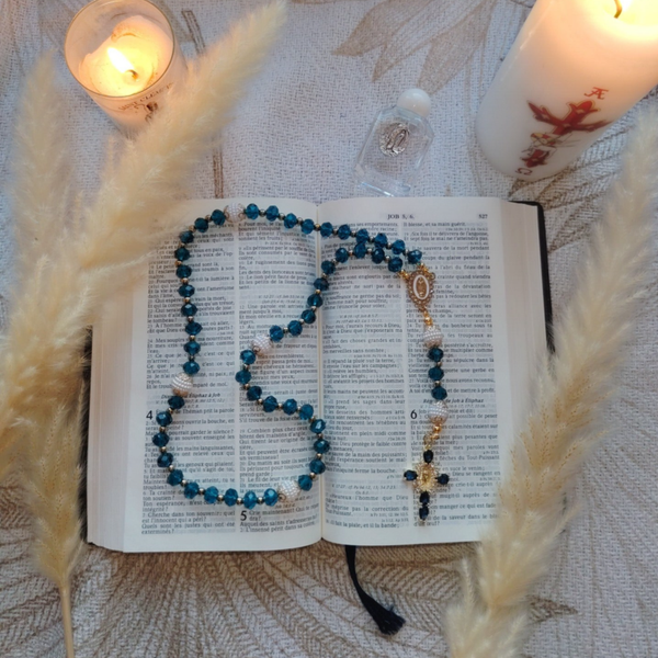 Chapelet perles bleues ovales et doré