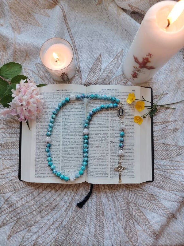 Chapelet bleu turquoise et argenté