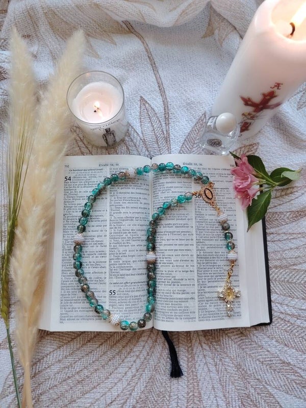 Chapelet turquoise/taupe et doré