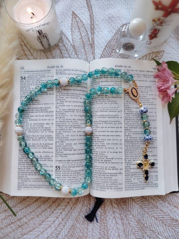 Chapelet turquoise/marine et doré