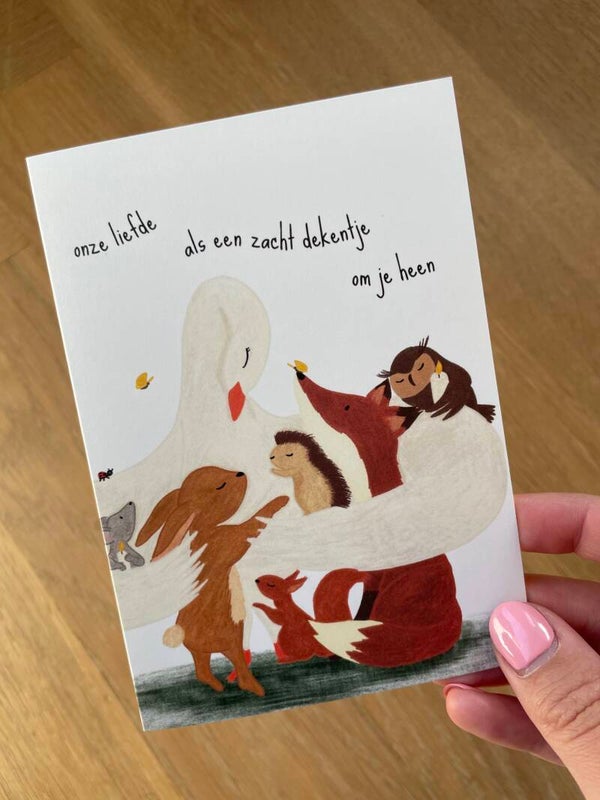 onze liefde als een zacht dekentje om je heen - dubbele wenskaart
